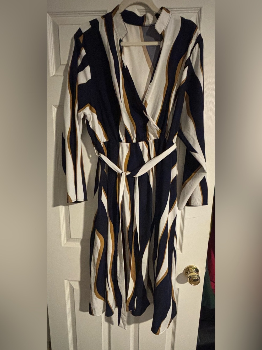 Navy, White & Gold Striped Dress with Self-Tie Waist